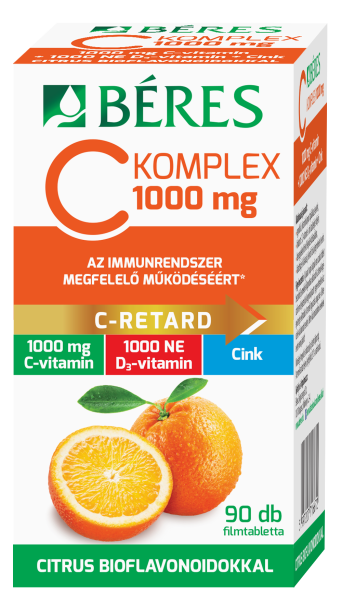 Béres C KOMPLEX 1000 mg filmtabletta, elnyújtott kioldódású C-vitamint, 1000 NE D3-vitamint, cinket és citrus bioflavonoidokat tartalmazó étrend-kiegészítő készítmény, 90 db